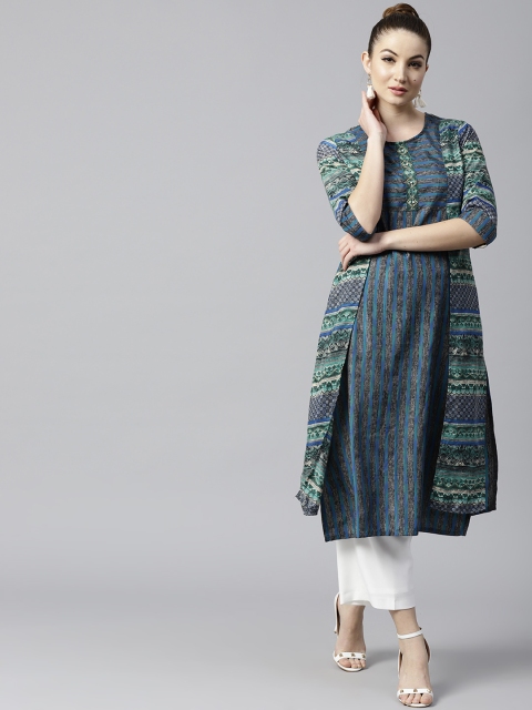 

Shree Women Grey & Green Printed Layered Straight Kurta