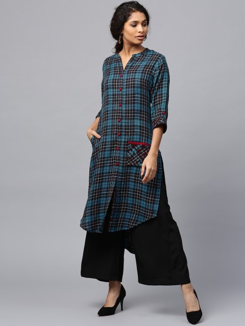

Shree Women Blue & Black Checked Straight Kurta