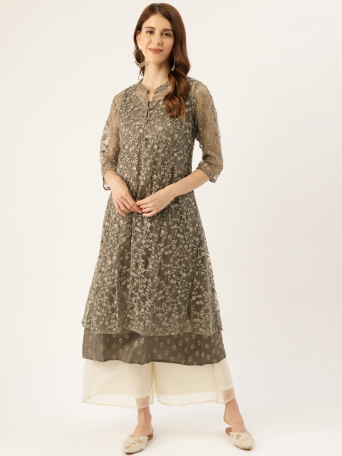 

Melange by Lifestyle Women Charcoal Grey & Golden Floral Embroidered Layered A-Line Kurta