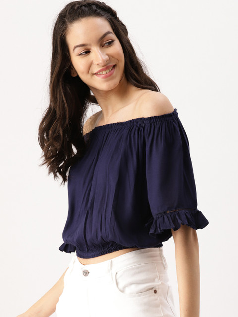 

DressBerry Women Navy Solid Off-shoulder Bardot Top, Navy blue