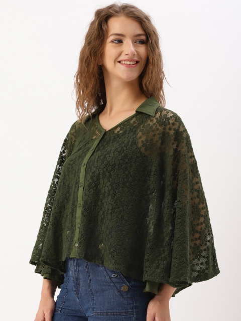 

DressBerry Women Olive Green Self Design Boxy Top
