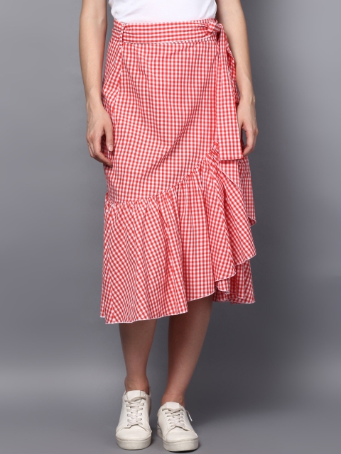 

STREET 9 White & Red Checked Wrap Midi Pure Cotton Skirt
