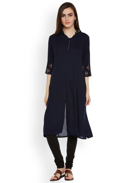 

9rasa Women Navy Blue Printed A-Line Kurta