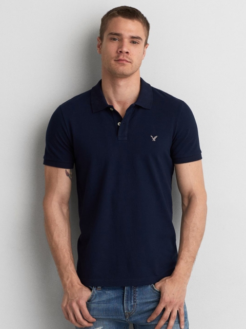 

AMERICAN EAGLE OUTFITTERS Men Navy Blue Solid Polo Collar T-shirt