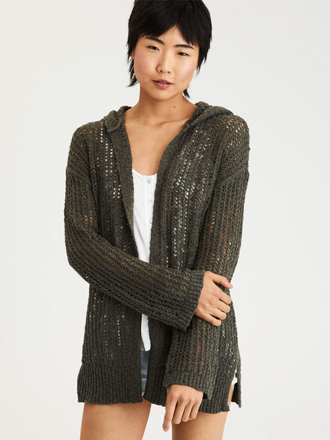 

AMERICAN EAGLE OUTFITTERS Women Olive Green Solid Front-Open Sweater