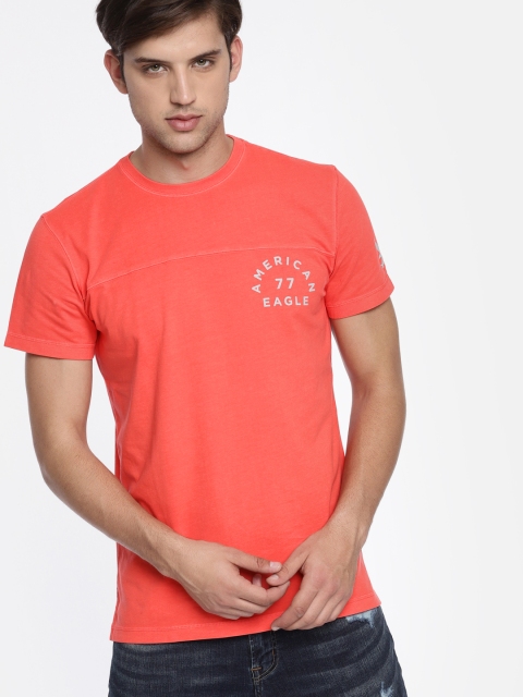

AMERICAN EAGLE OUTFITTERS Men Coral Pink Solid Round Neck T-shirt