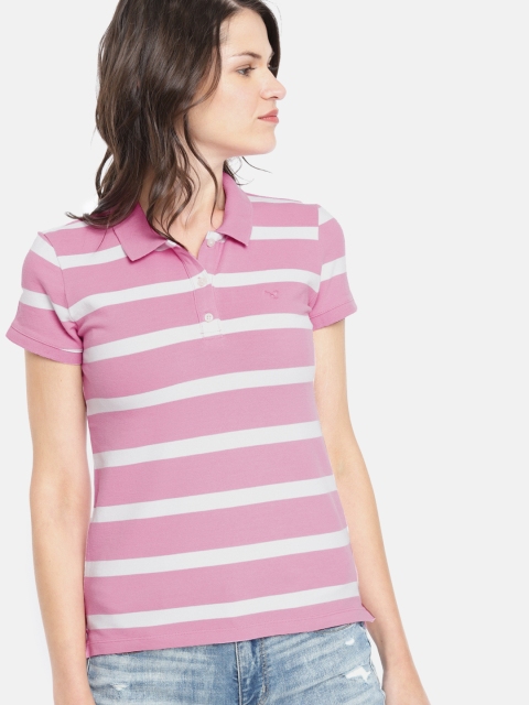 

AMERICAN EAGLE OUTFITTERS Women Pink & White Striped Polo T-shirt