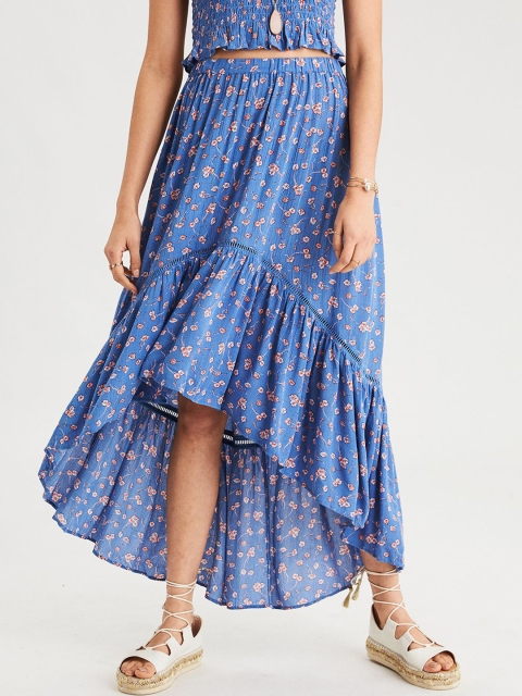 

AMERICAN EAGLE OUTFITTERS Women Blue Floral High-Low Skirt