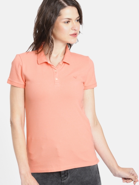

AMERICAN EAGLE OUTFITTERS Women Peach-Coloured Solid Polo T-shirt