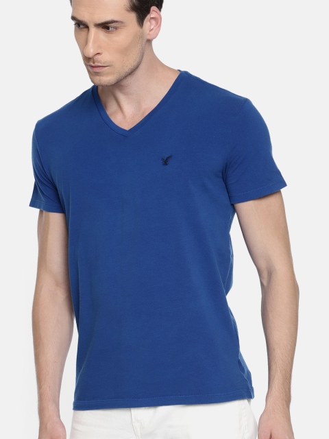 

AMERICAN EAGLE OUTFITTERS Men Blue Solid V-Neck T-shirt