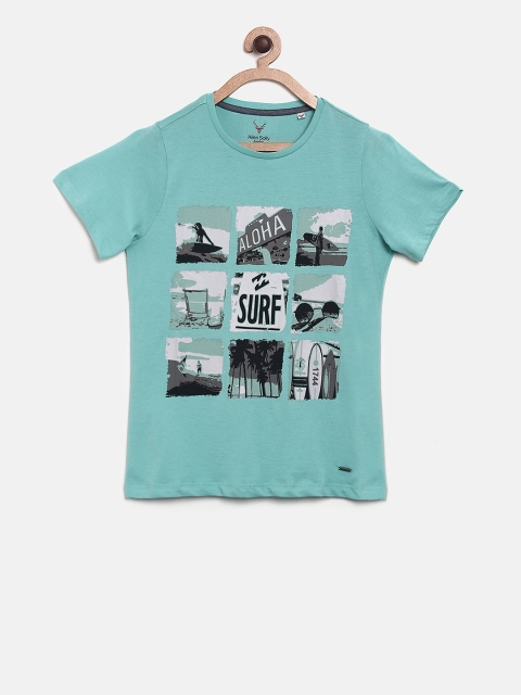 

Allen Solly Junior Boys Turquoise Blue Printed Round Neck T-shirt