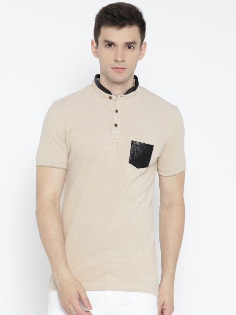 

CAMLA Men Beige Solid Mandarin Collar T-shirt