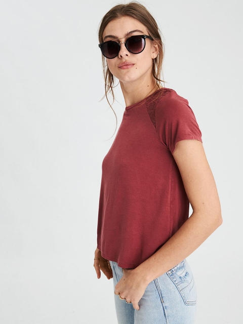 

AMERICAN EAGLE OUTFITTERS Women Mauve Solid Round Neck Top