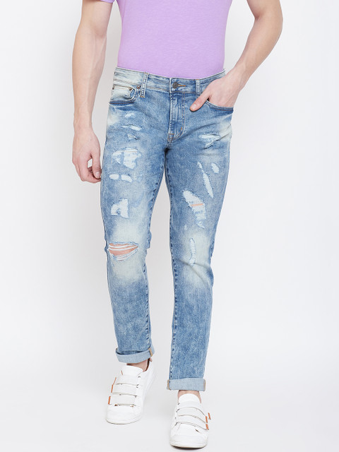 

AMERICAN EAGLE OUTFITTERS Blue Skinny Fit Acid Washed Highly Distressed Stretchable Jeans