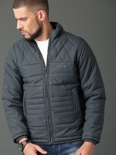 

Roadster Men Navy Blue Solid Padded Jacket