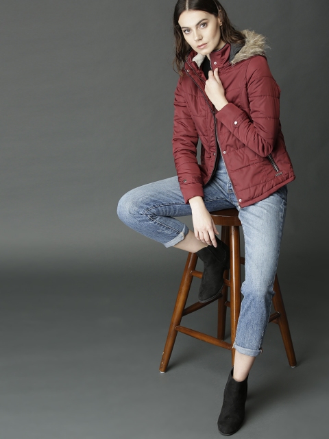 

Roadster Women Burgundy Solid Hooded Parka Jacket