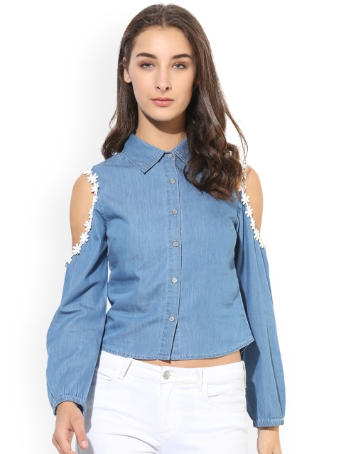 

Heather Hues Women Blue Comfort Regular Fit Solid Crop Casual Shirt