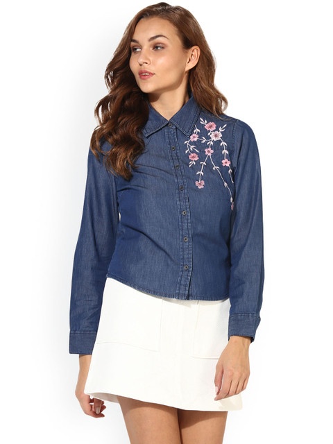 

Heather Hues Women Blue Standard Regular Fit Solid Denim Casual Shirt