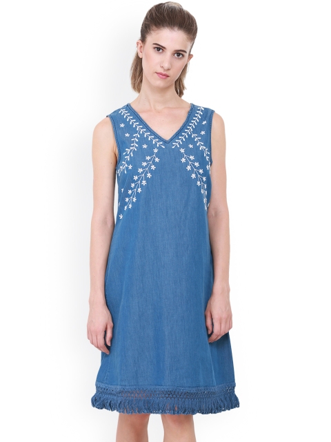 

Heather Hues Women Blue Solid A-Line Embroidered Denim Dress