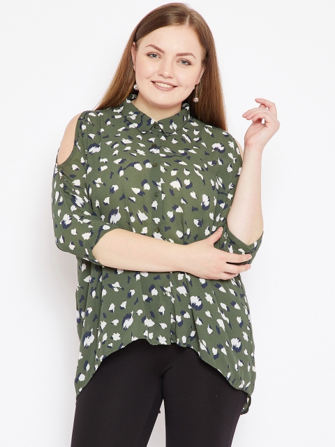 

nexus Plus Size Women Olive Green Off-White Printed Cold Shoulder Casual Shirt