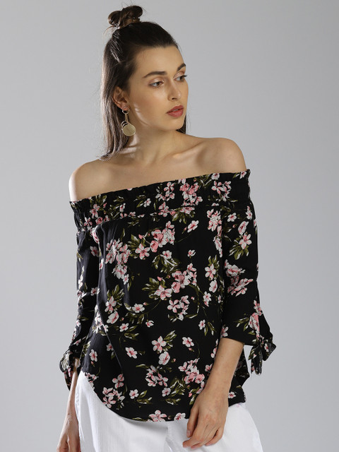 

Bossini Women Black Printed Bardot Top
