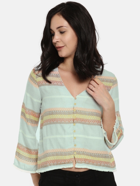 

CODE by Lifestyle Women Sea Green Striped Shirt Style Top