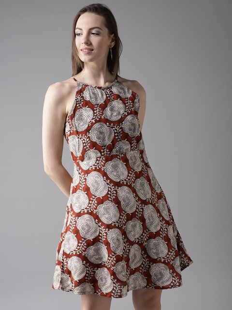 

HERE&NOW Women Rust Orange & Beige Printed Fit and Flare Dress