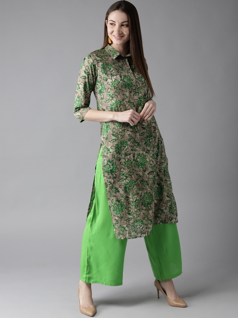 

HERE&NOW Women Beige & Green Printed Kurta with Palazzos