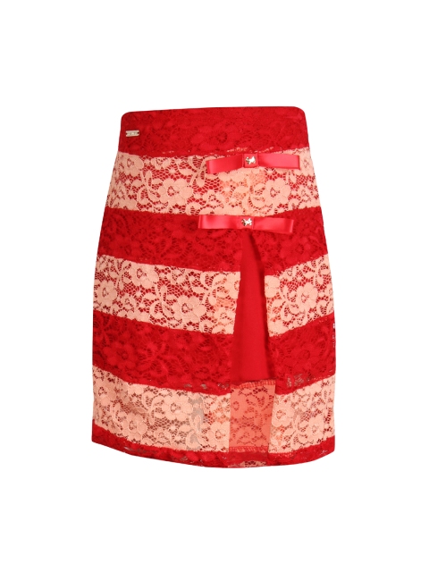 

CUTECUMBER Girls Red & Peach Floral Straight Knee-Length Skirt