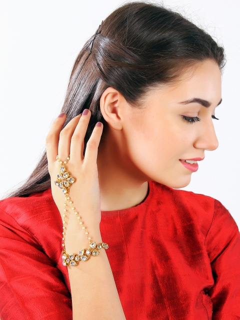 

Rubans Gold-Toned & White Metal Gold-Plated Kundan Ring Bracelet