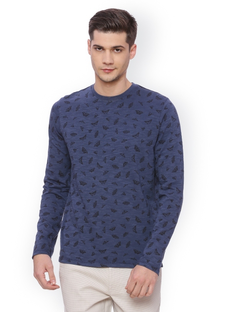 

Basics Men Blue Printed Round Neck T-shirt