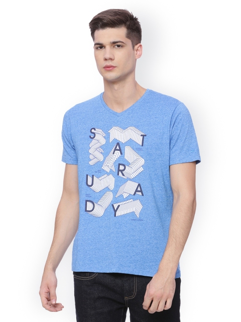 

Basics Men Blue Printed V-Neck T-shirt