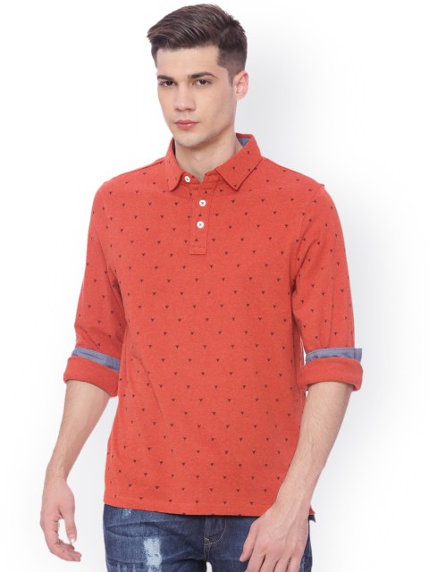 

Basics Men Orange Printed Polo Collar T-shirt