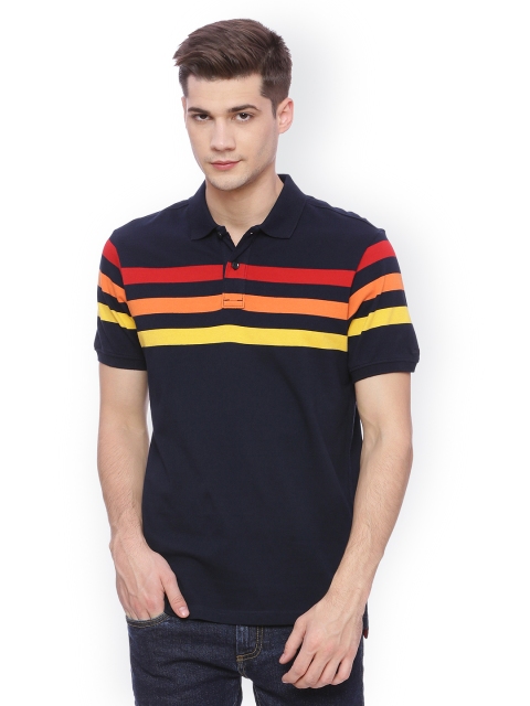

Basics Men Navy Blue Striped Polo Collar T-shirt
