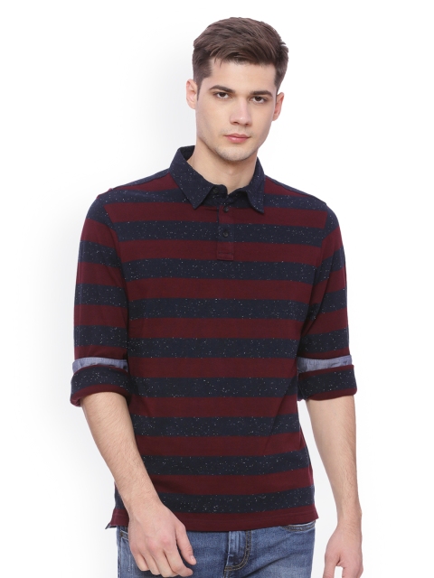 

Basics Men Maroon Striped Polo Collar T-shirt