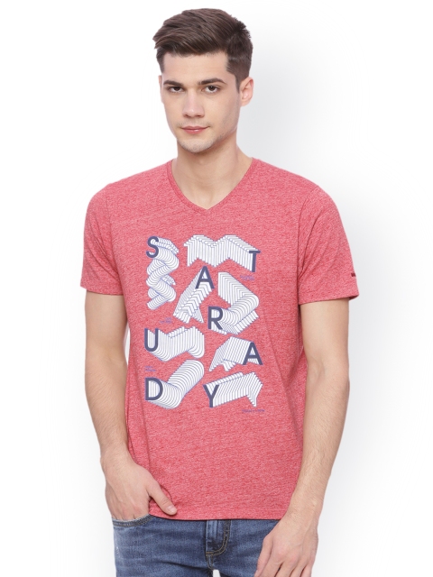 

Basics Men Pink Printed V-Neck T-shirt