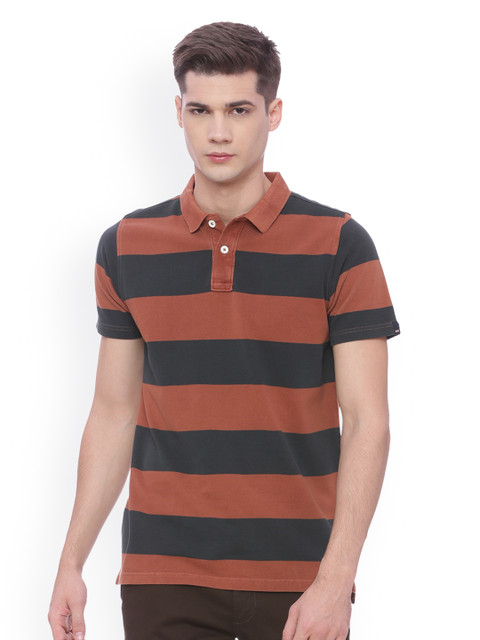 

Basics Men Brown Striped Polo Collar T-shirt