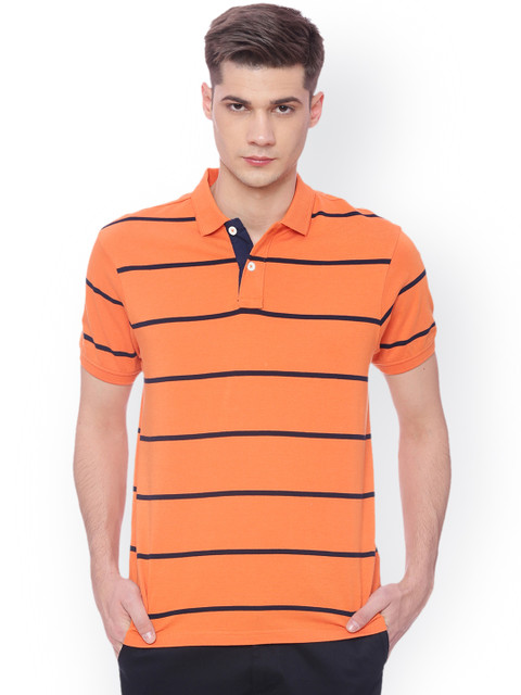 

Basics Men Orange Striped Polo Collar T-shirt