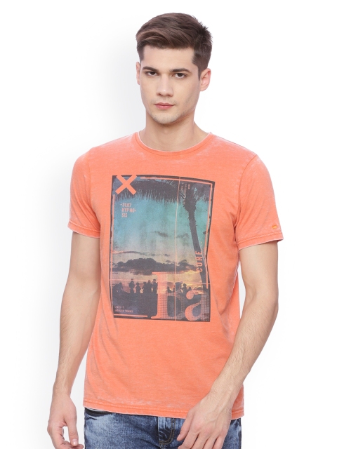 

Basics Men Orange Printed Round Neck T-shirt