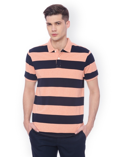 

Basics Men Peach-Coloured & Navy Blue Striped Polo Collar T-shirt