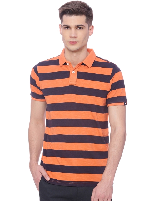

Basics Men Orange Striped Polo Collar T-shirt
