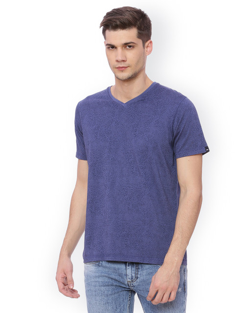 

Basics Men Blue Printed V-Neck T-shirt