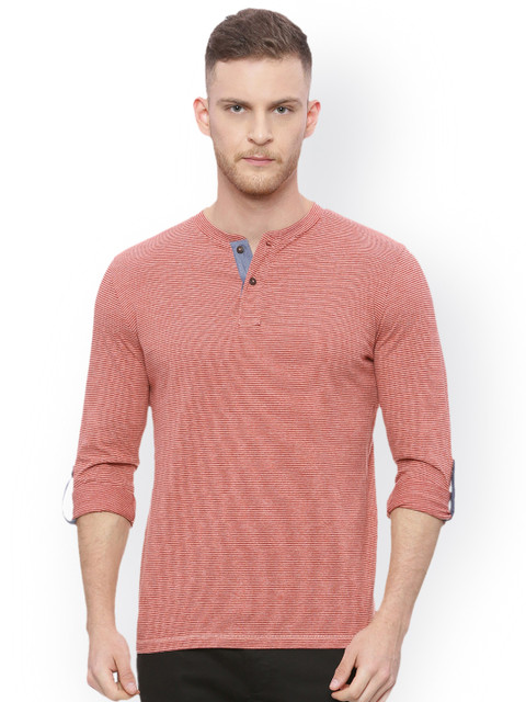 

Basics Men Rust Striped Henley Neck T-shirt