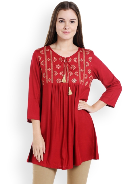 

Ishin Women Red Solid Embroidered A-Line Top