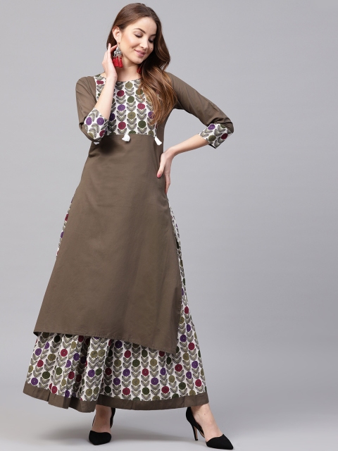 

Nayo Women Taupe & Off-White Solid Kurta with Skirt