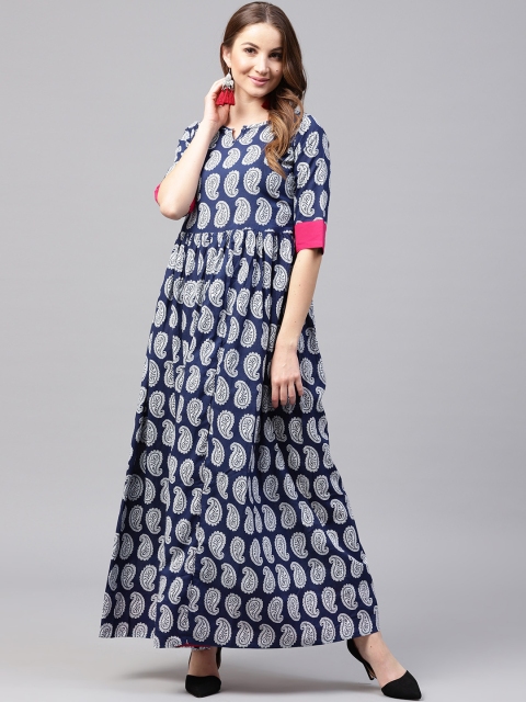 

Nayo Women Navy & White Printed Maxi Dress, Navy blue