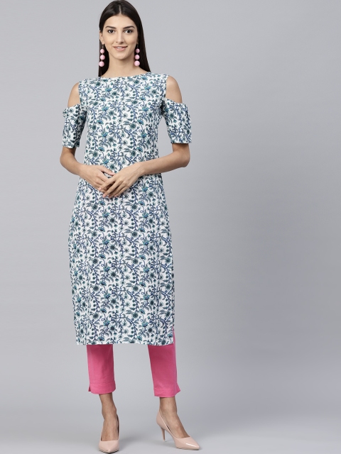 

Nayo Women Off-White & Blue Printed Straight Kurta