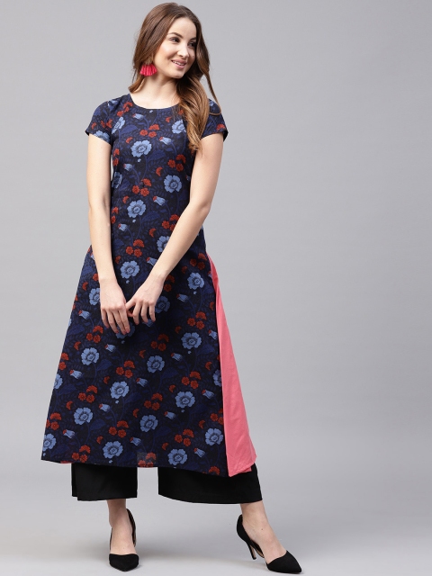 

Nayo Women Navy & Pink Floral Printed A-Line Kurta, Navy blue