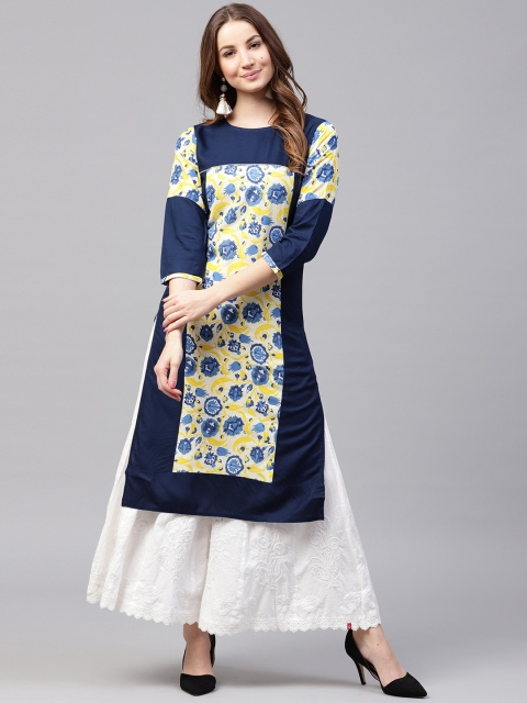 

Nayo Women Navy Blue & Yellow Printed Straight Kurta