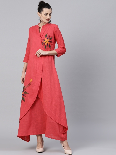 

Nayo Women Coral Red Solid Layered A-Line Kurta
